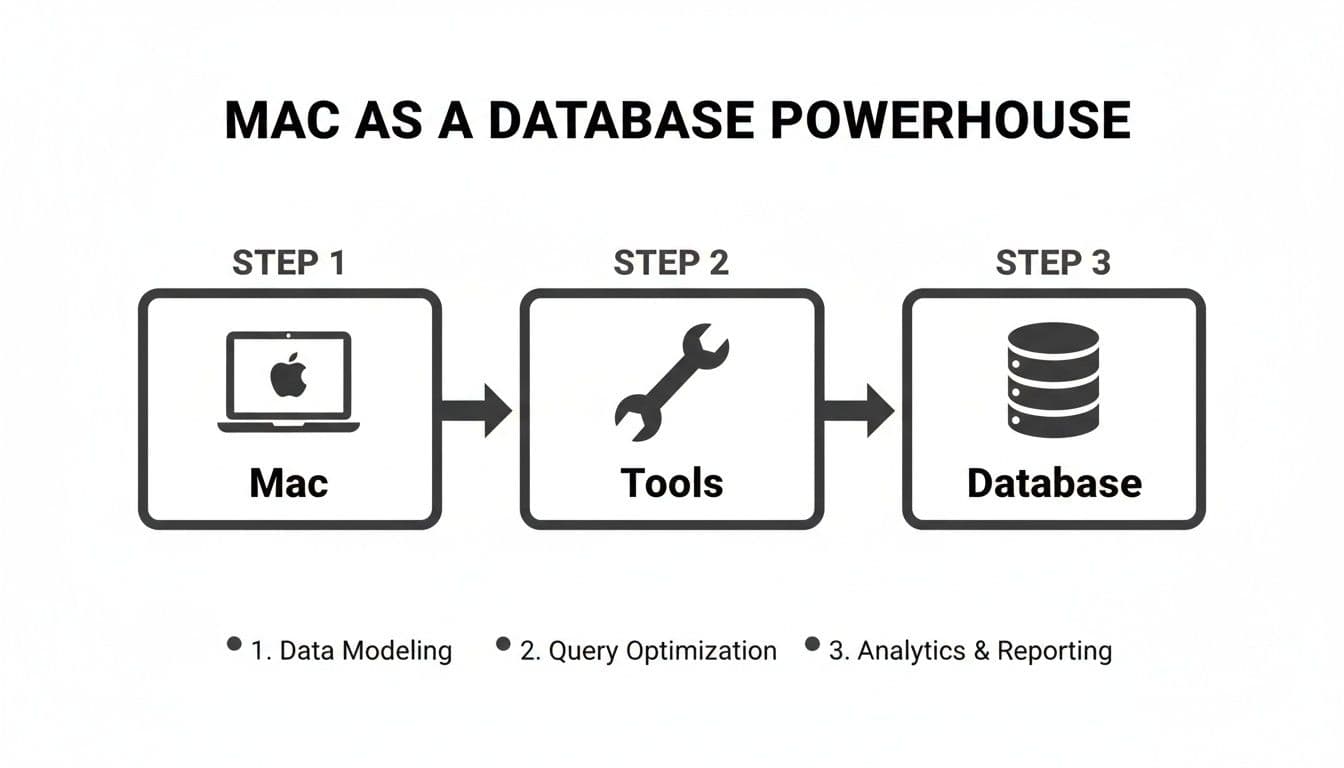 Diagram illustrating Mac as a database powerhouse, showing tools for data modeling, query optimization, and analytics.