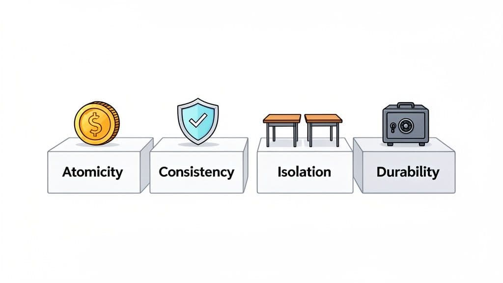 Illustration depicting the four ACID properties: Atomicity (coin), Consistency (shield), Isolation (tables), Durability (safe).