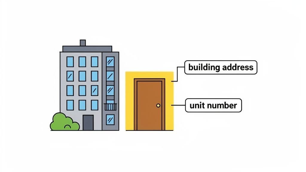 Illustration explaining how building address and unit number combine to form a unique location identifier.