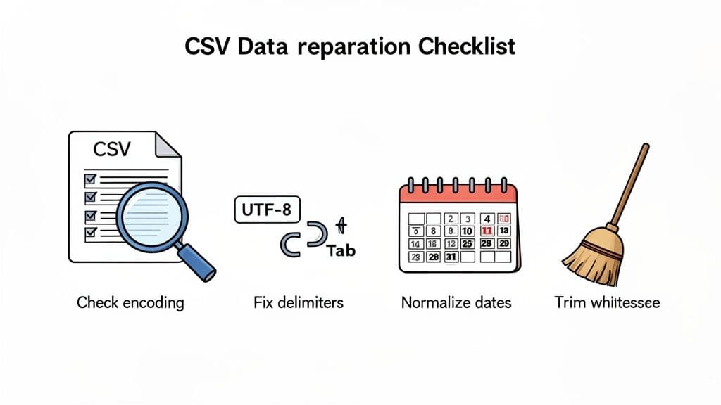An infographic checklist showing four steps for CSV data preparation: check encoding, fix delimiters, normalize dates, and trim whitespace.
