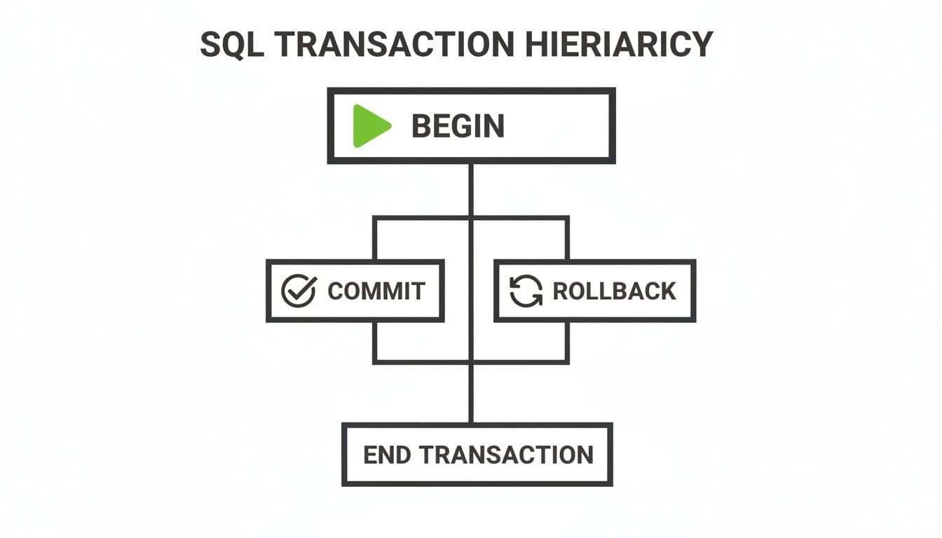 A flowchart titled 'SQL TRANSACTION HIERIARICY' shows the sequence: BEGIN, leading to either COMMIT or ROLLBACK, both ending in END TRANSACTION.