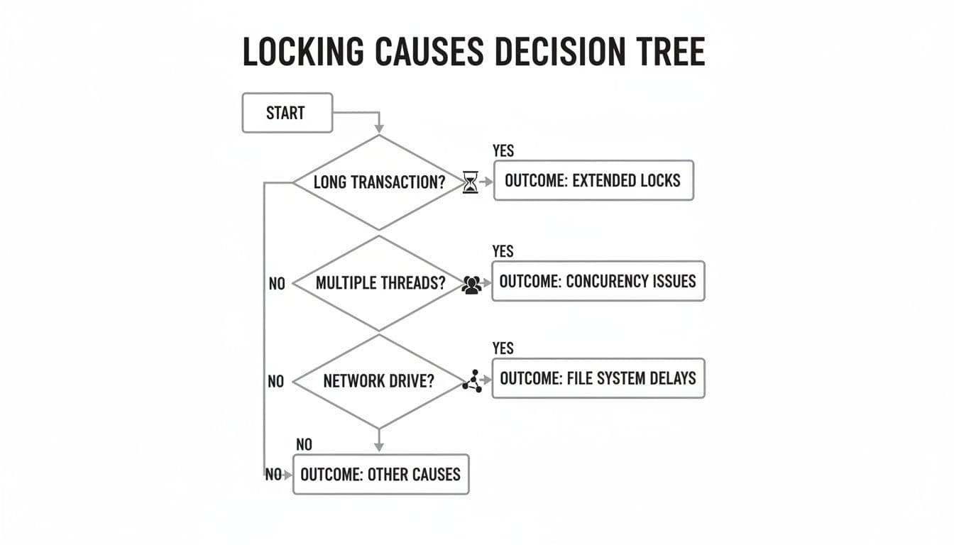 A decision tree flowchart illustrating locking causes, detailing outcomes like extended locks, concurrency issues, and file system delays.