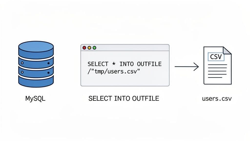 Diagram showing how to export data from a MySQL database to a CSV file using a SQL query.