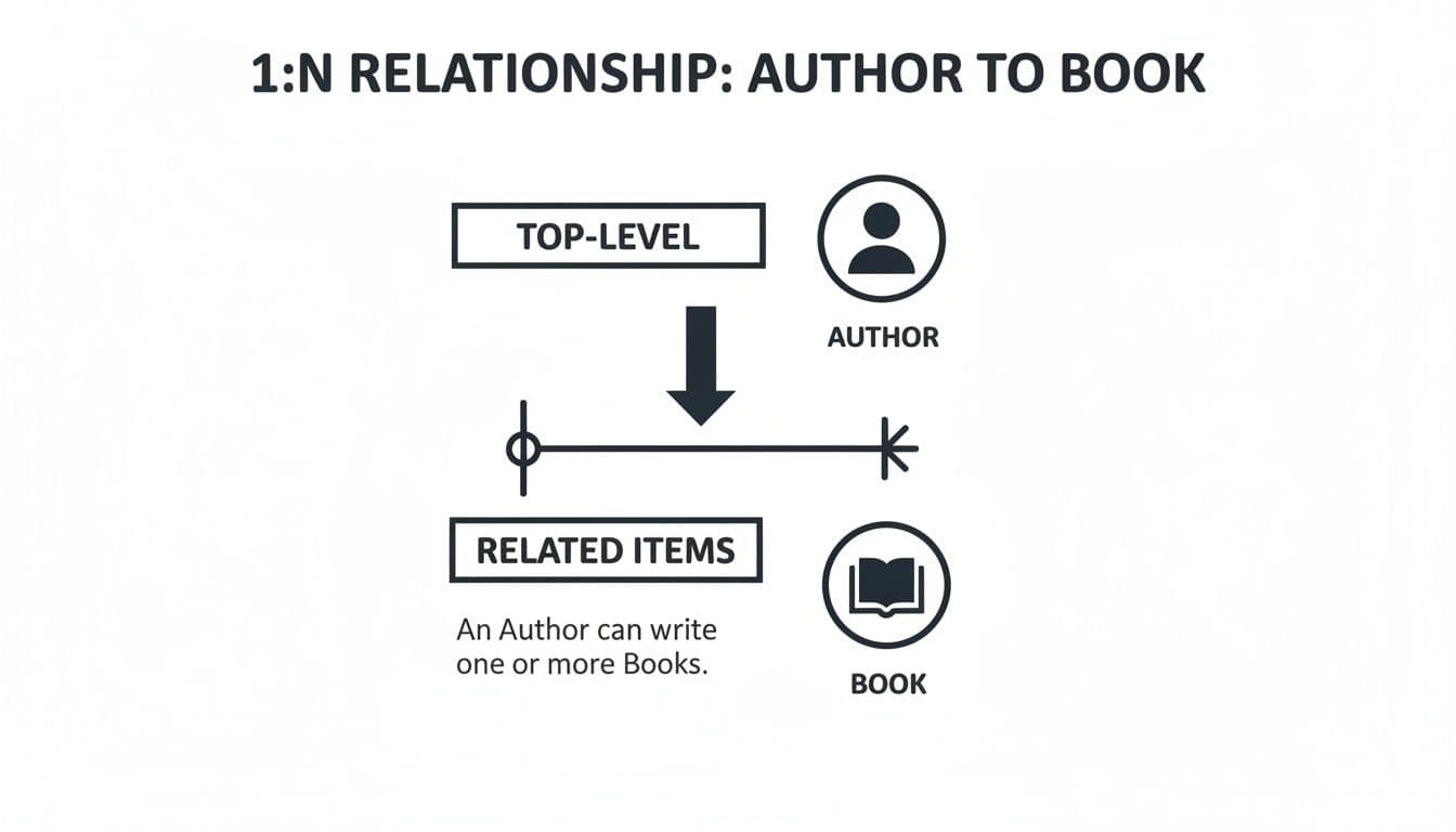 Diagram illustrating a 1:N relationship between an author and multiple books, showing a top-level author related to several books.
