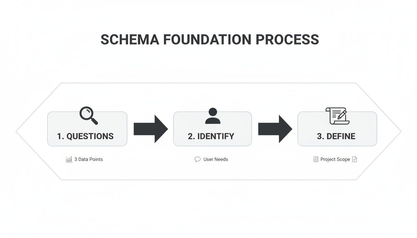 A diagram illustrating the three-step schema foundation process, covering questions, identifying needs, and defining scope.