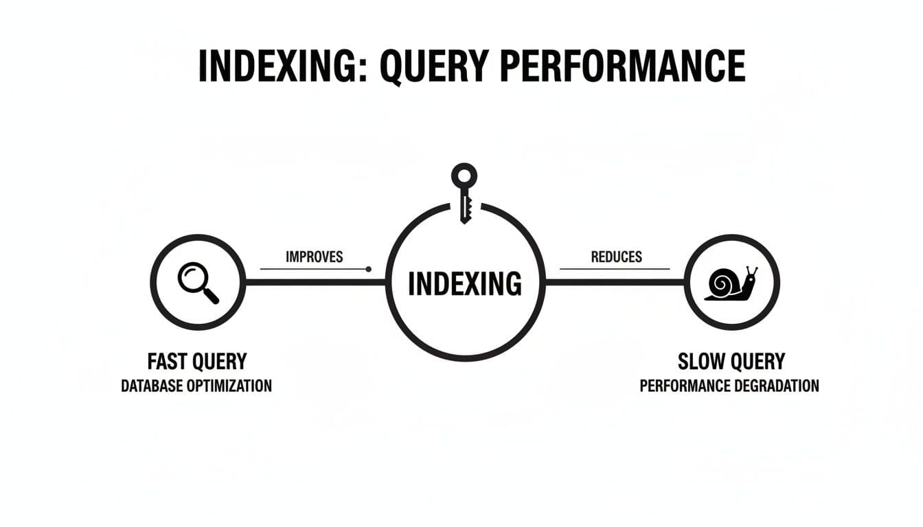 Diagram illustrating how database indexing improves fast query performance and reduces slow query degradation.