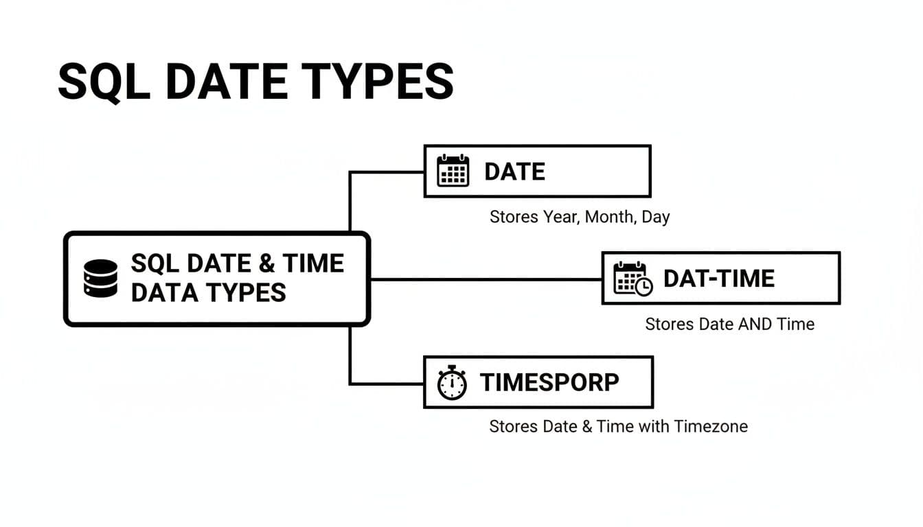 Diagram showcasing SQL date and time data types: DATE, DAT-TIME, and TIMESPORP, detailing their storage.