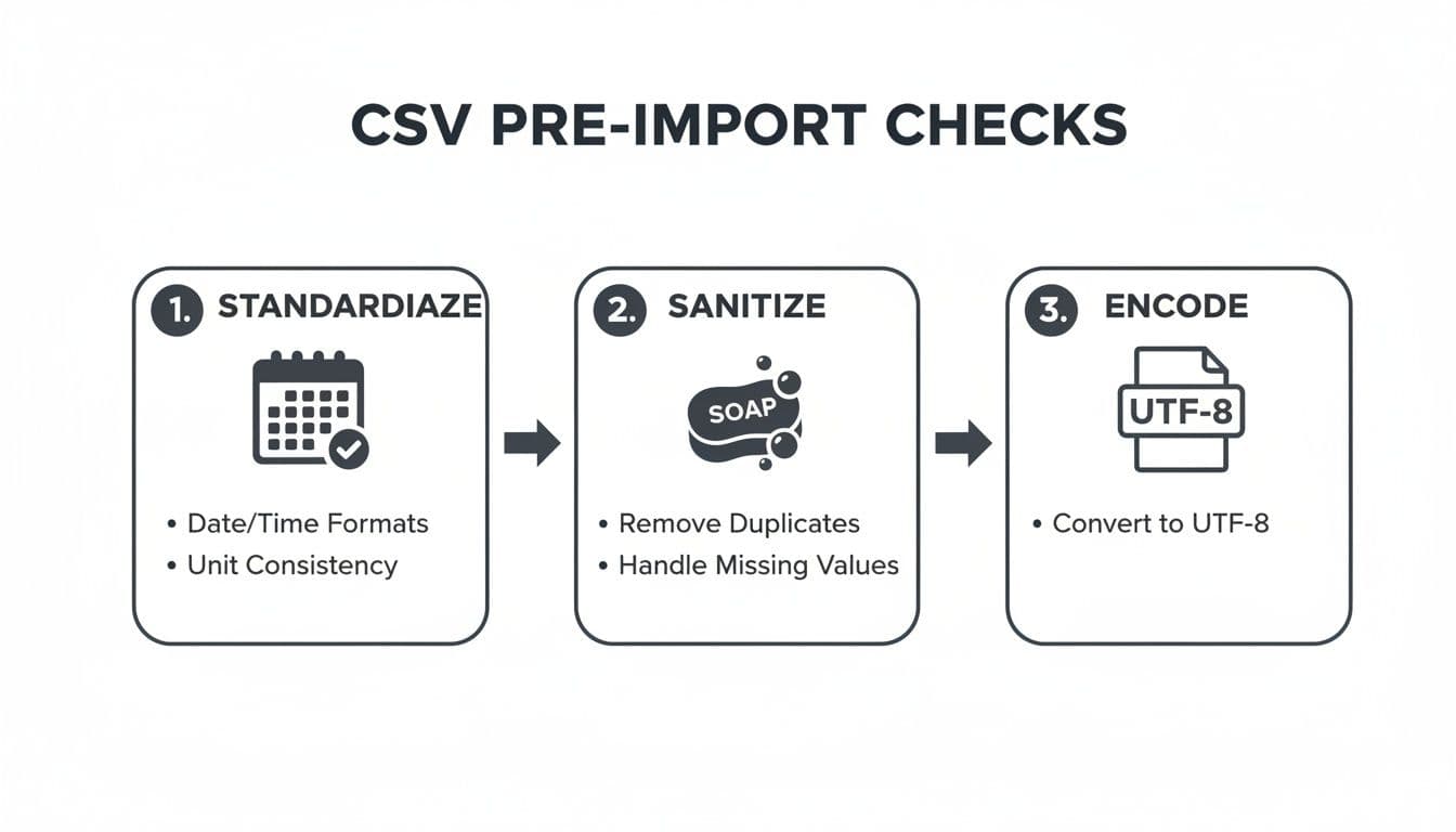 Flowchart illustrating three steps for CSV pre-import checks: standardize, sanitize, and encode data.