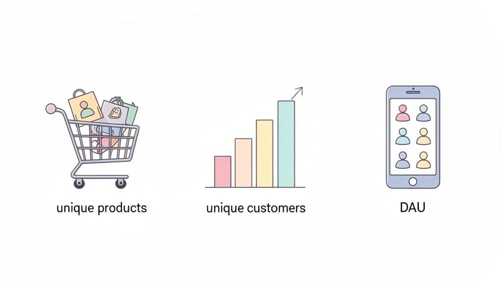 Illustrations showing unique products in a shopping cart, unique customers as an upward bar chart, and DAU on a smartphone.