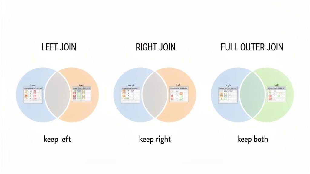 Venn diagrams illustrating SQL LEFT JOIN, RIGHT JOIN, and FULL OUTER JOIN, showing how data is kept.