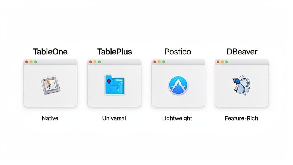 Four macOS windows displaying various database tools: TableOne, TablePlus, Postico, and DBeaver, with their descriptions.
