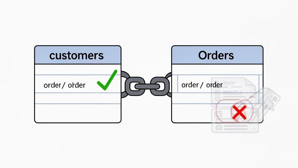 Database tables 'customers' and 'Orders' linked, showing a valid customer order and an invalid order entry.