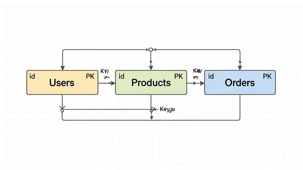 An entity-relationship diagram illustrating the database schema for Users, Products, and Orders with their relationships.