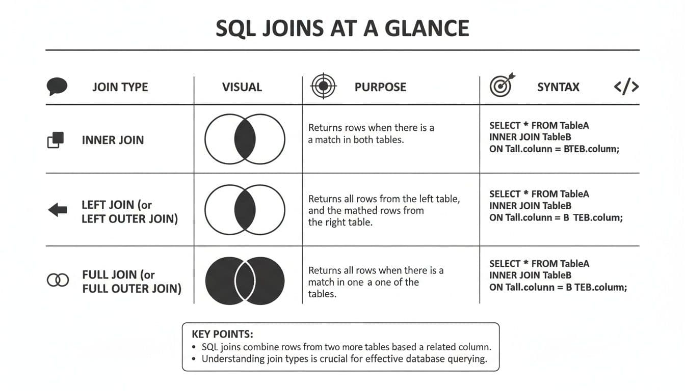 A SQL Joins cheat sheet displays Inner, Left, and Full join types with diagrams, purposes, and syntax examples.