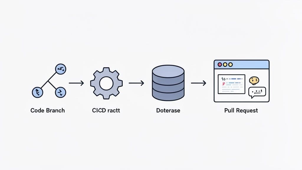 Workflow diagram illustrating code branching, CI/CD process, database interaction, and a pull request creation.