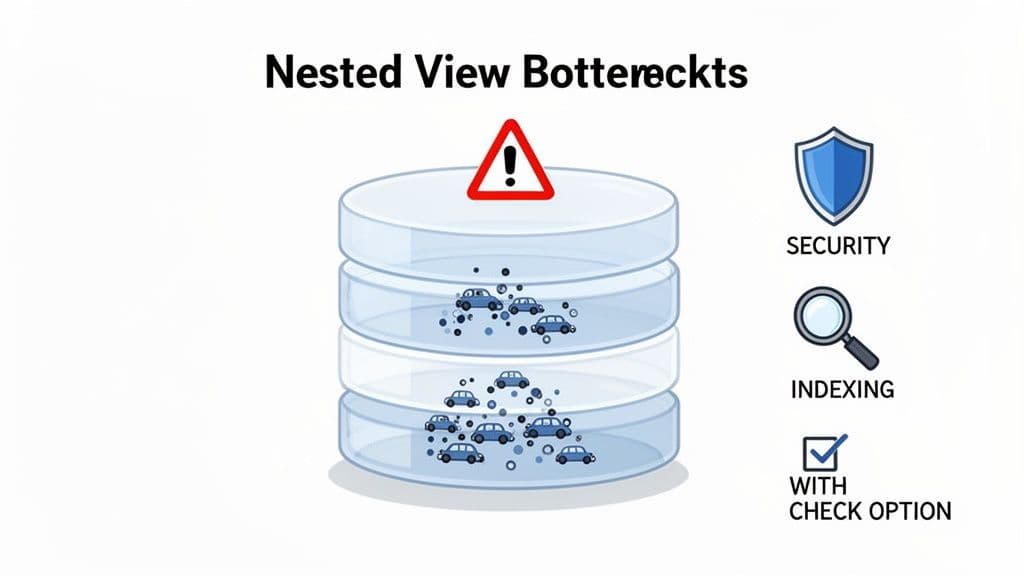 Visualizing nested view bottlenecks in a database, highlighting security, indexing, and check option concerns.