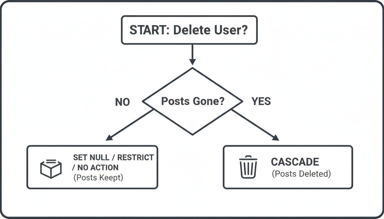 A flowchart illustrating database foreign key ON DELETE actions for user deletion: Cascade, Set Null, Restrict, or No Action.