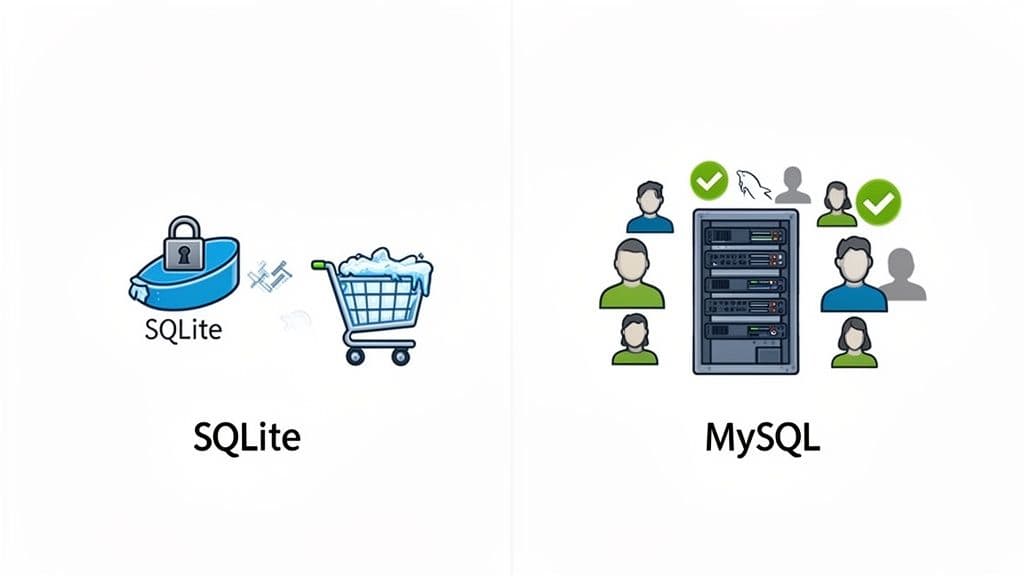 An illustration comparing SQLite as a single-user database with a locked disk, and MySQL as a multi-user server database.
