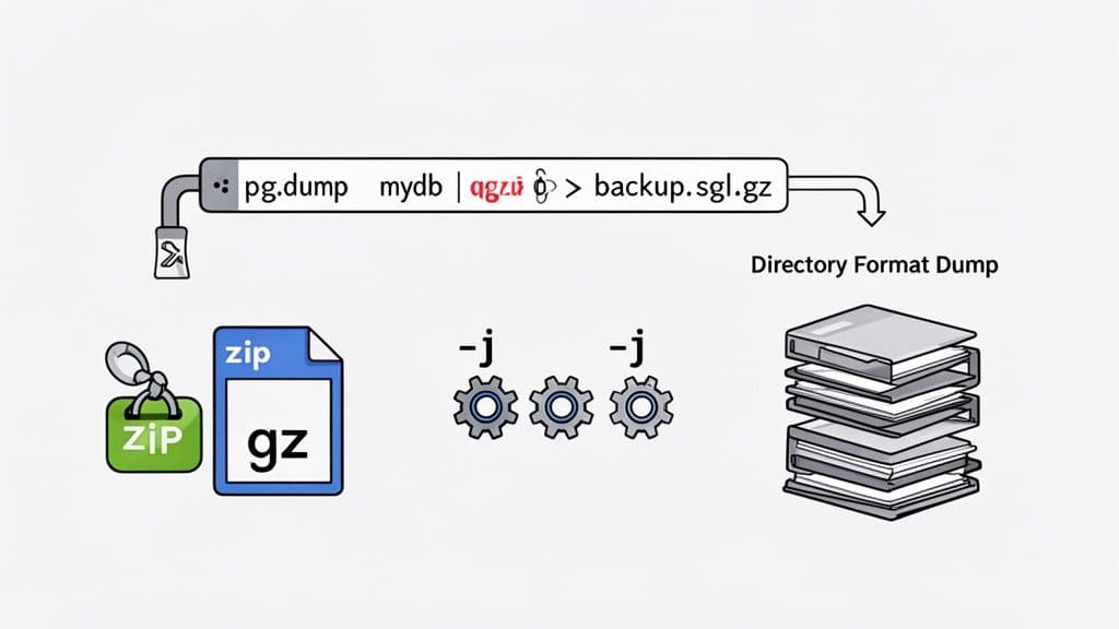 Diagram showing PostgreSQL database dump command, compression options (zip, gz), parallel processing (-j), and directory format output.