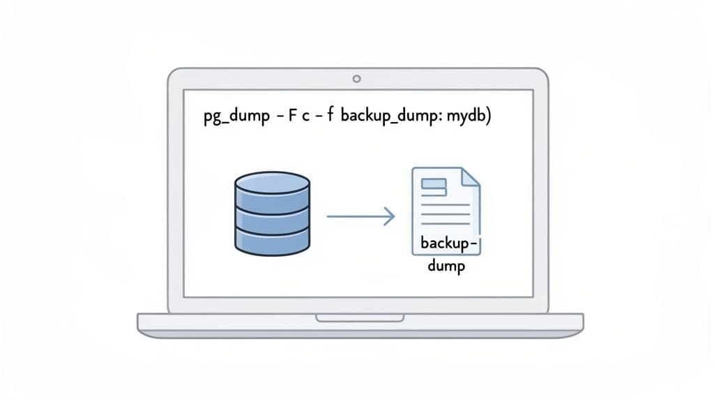A laptop screen displaying the pg_dump command backing up a PostgreSQL database to a backup file.
