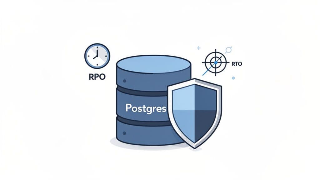Illustration of a PostgreSQL database with a shield, RPO clock, and RTO target, representing data protection and recovery.