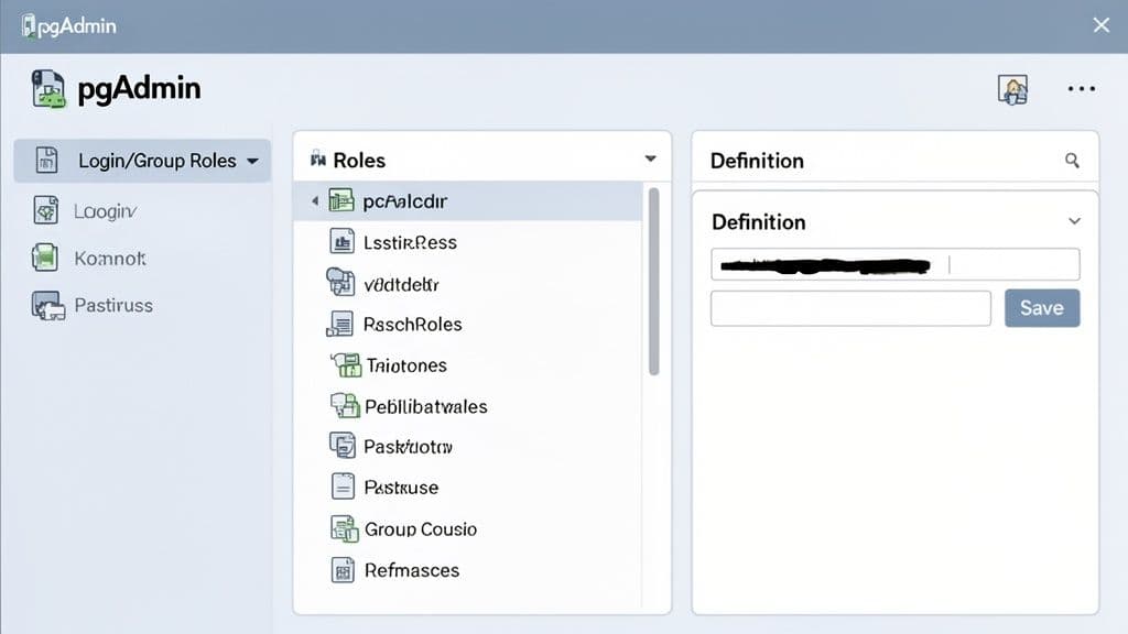 pgAdmin interface displaying roles list and definition panel with an obscured input field for editing.