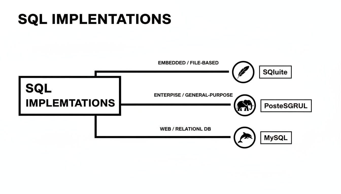 A diagram illustrating SQL implementations, categorizing SQLite, PostgreSQL, and MySQL by their respective use cases.