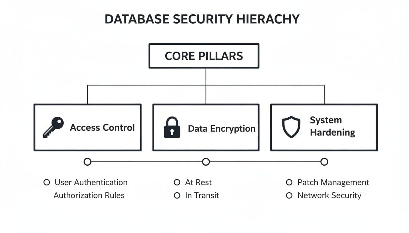 Diagram illustrating the database security hierarchy, detailing core pillars like access control, data encryption, and system hardening.