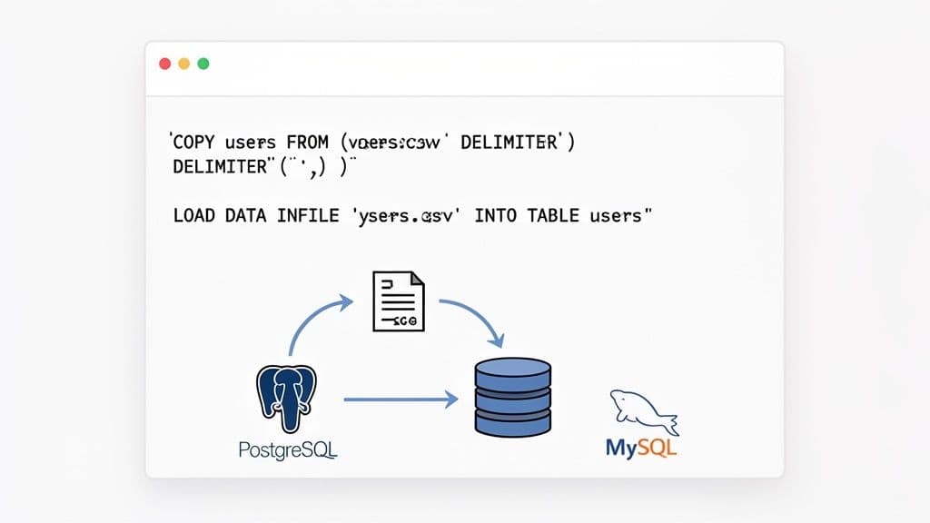 Diagram illustrating CSV data import into PostgreSQL and MySQL databases with respective SQL commands.