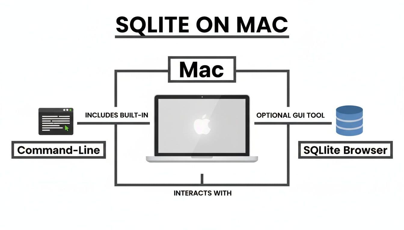 Diagram showing SQLite on Mac, featuring built-in command-line and optional SQLite Browser GUI.