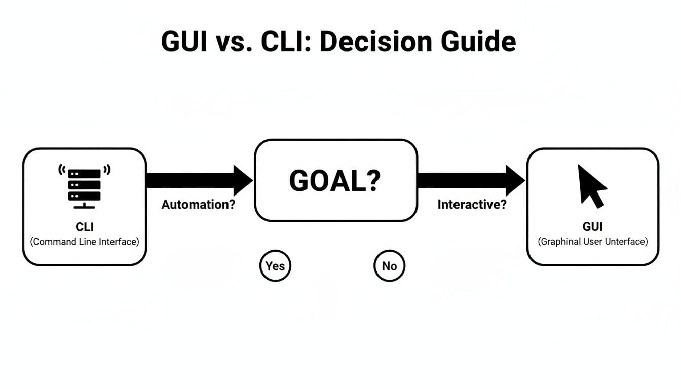 A decision guide flowchart comparing Graphical User Interface (GUI) and Command Line Interface (CLI).