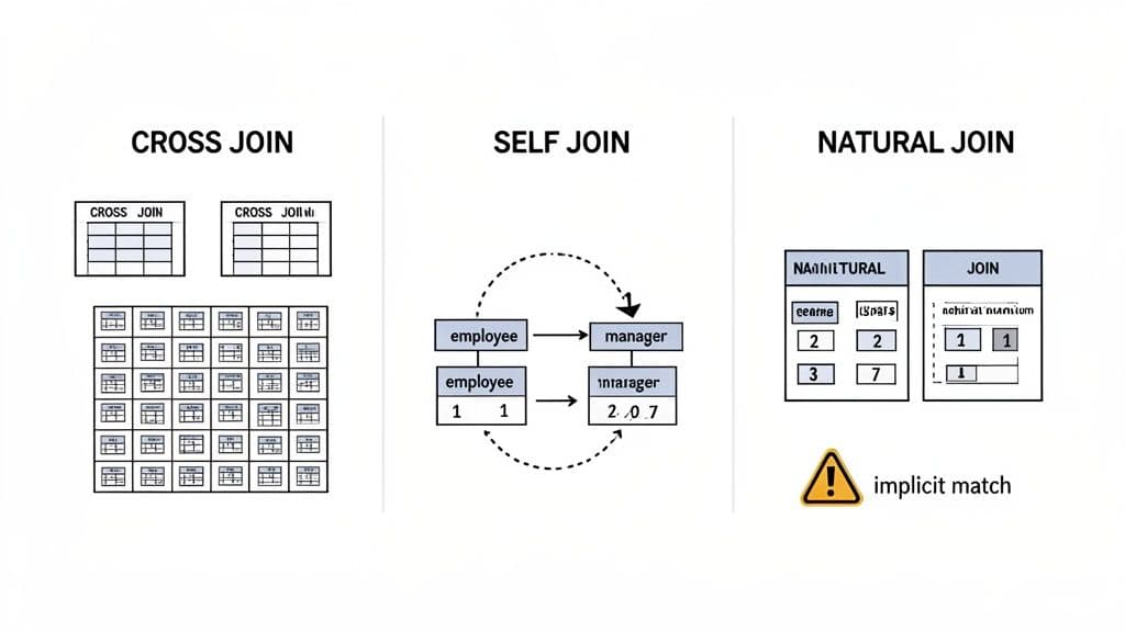 Diagram illustrating SQL Cross Join, Self Join, and Natural Join concepts with visual examples.