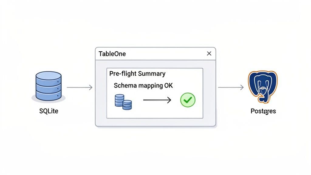 Diagram illustrating 'TableOne' schema migration from an SQLite database to a PostgreSQL database with successful mapping.