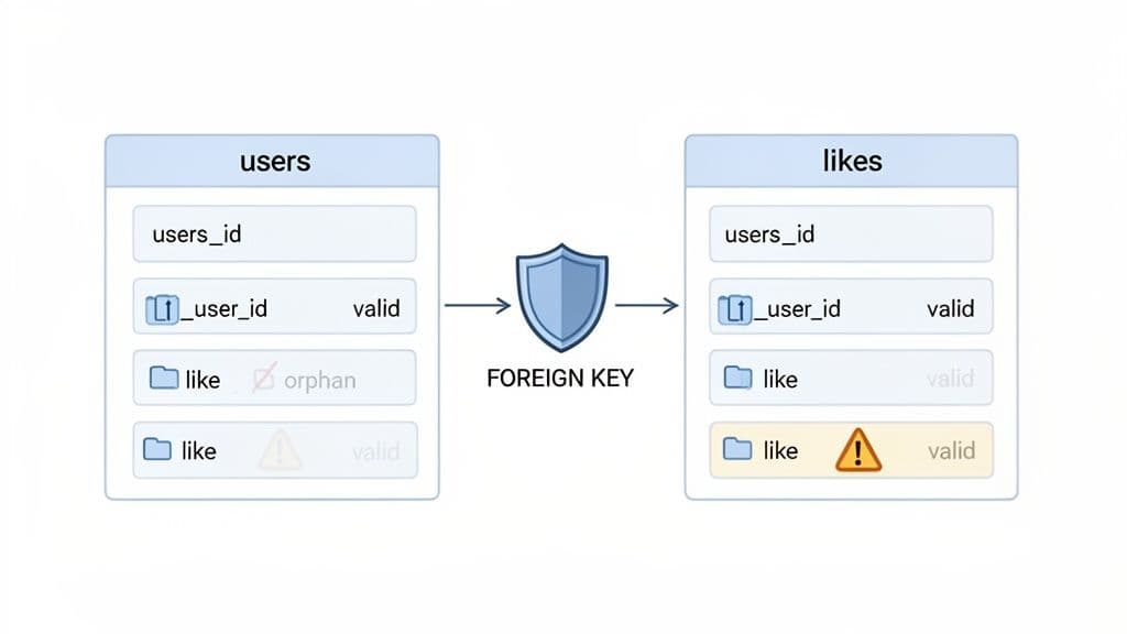 A database diagram illustrating a foreign key relationship between 'users' and 'likes' tables, highlighting data integrity.