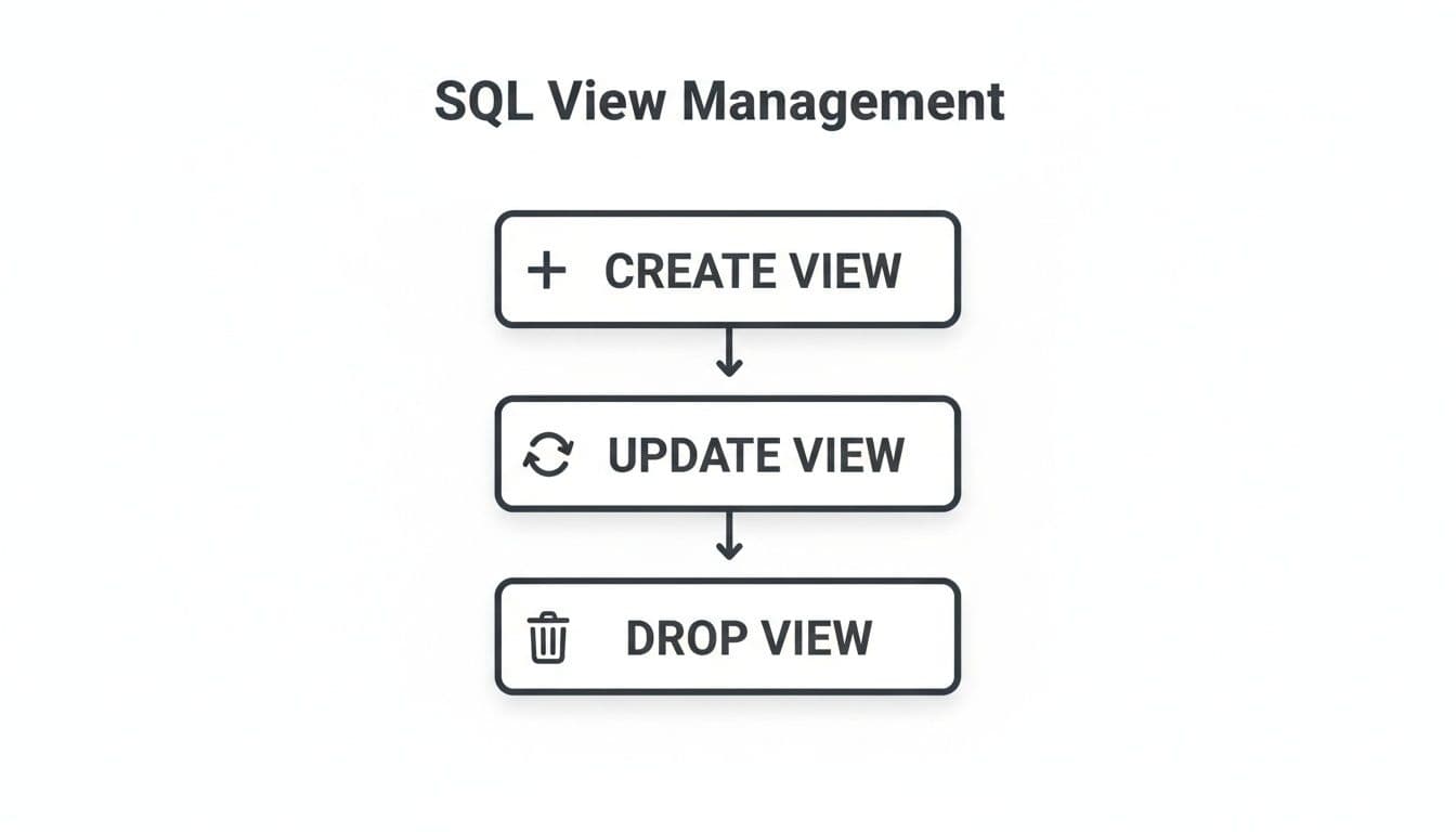 Flowchart illustrating SQL View Management operations: Create, Update, and Drop View steps.