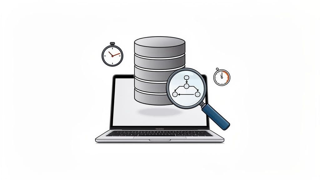 A laptop with a database stack, a magnifying glass showing a schema diagram, and clocks for performance analysis.