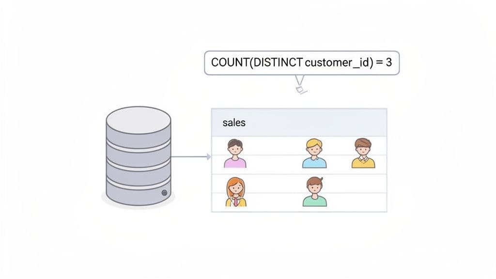 Illustration of a database executing a SQL query to count distinct customer IDs in a sales table, resulting in 3.
