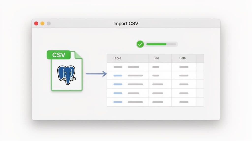 A software interface on a Mac displaying a CSV file with a PostgreSQL elephant icon being imported into a table.