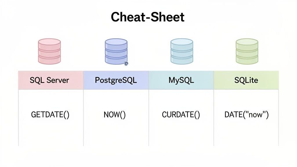 A SQL date function cheat sheet comparing GETDATE, NOW, CURDATE, and DATE("now") across four different databases: SQL Server, PostgreSQL, MySQL, and SQLite.
