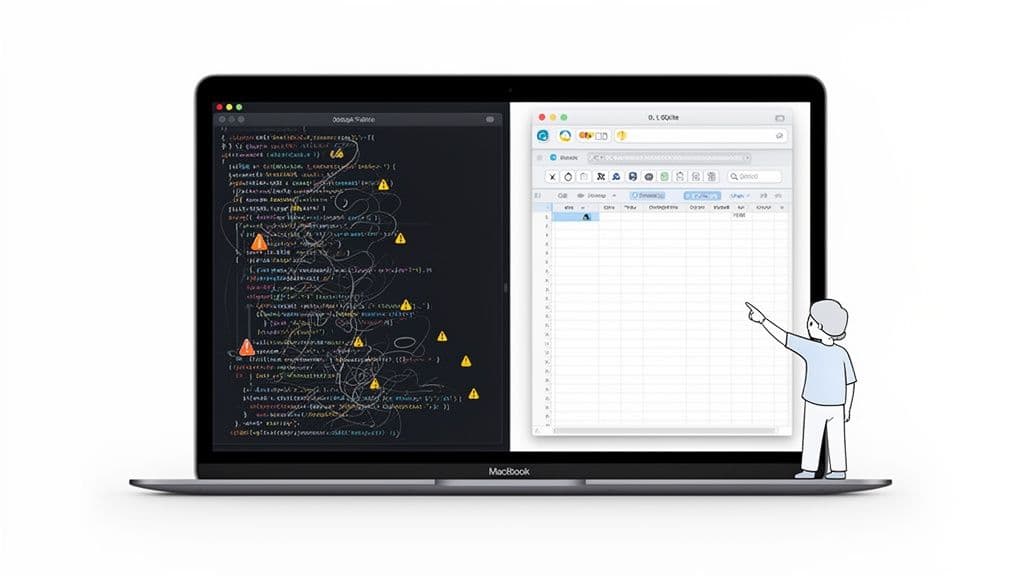 A MacBook laptop screen shows a code editor with errors and a SQLite GUI, with a cartoon boy pointing.