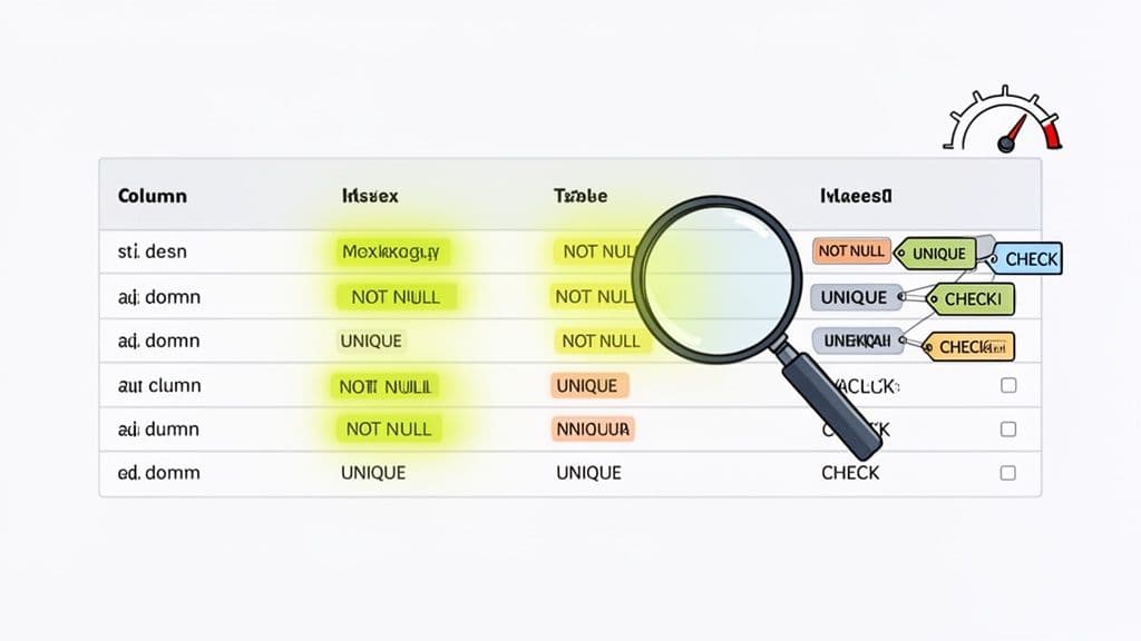 A table displaying database schema design with columns, constraints, and a magnifying glass analyzing elements.