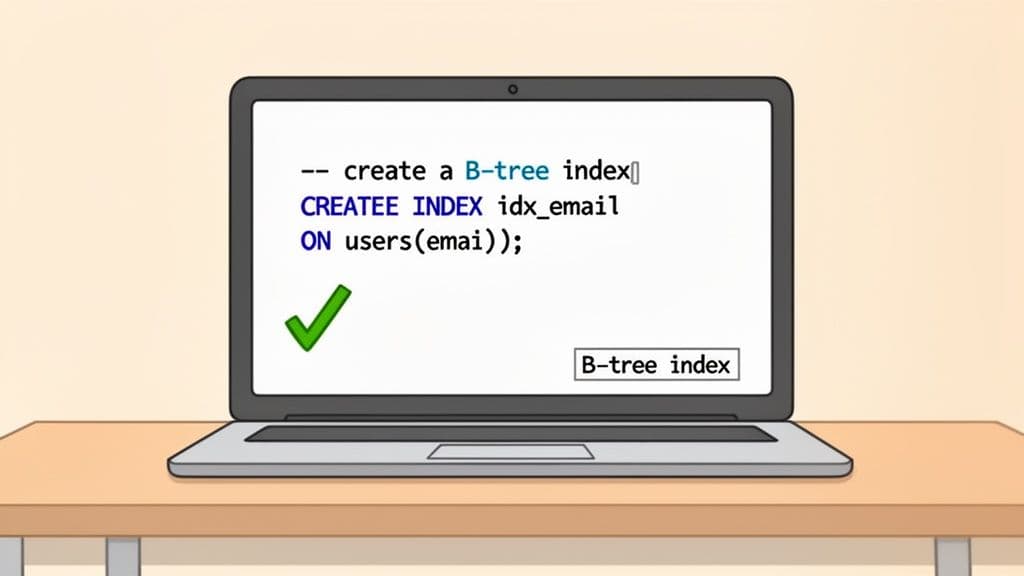 A laptop screen displays SQL code creating a B-tree index on the 'users' table, with a green checkmark.