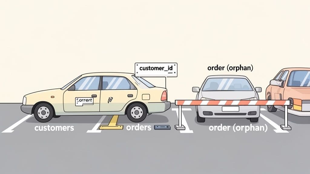 Illustration using cars in a parking lot to visualize database foreign keys and orphaned orders.