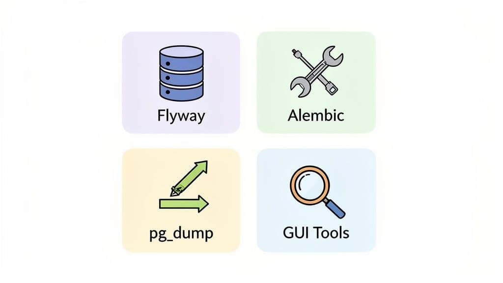 Four icons represent database migration tools: Flyway, Alembic, pg_dump, and GUI Tools.