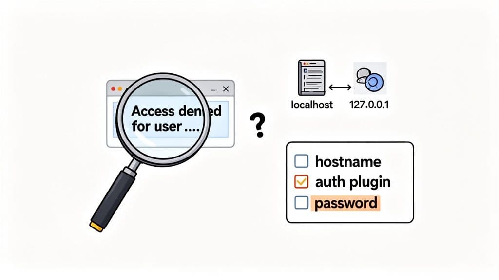 Troubleshooting 'Access denied' error, focusing on authentication plugin, password, and localhost connection issues.