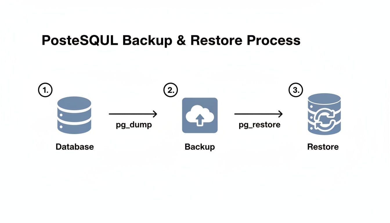 Diagram illustrating the PostgreSQL database backup process using pg_dump and restore with pg_restore.