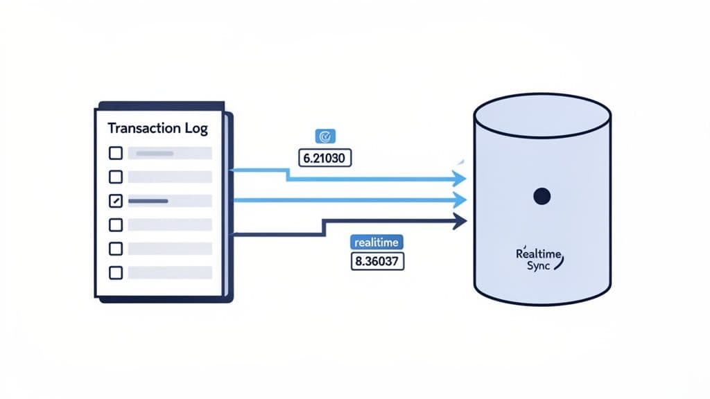 Diagram illustrating data flow from a transaction log to a realtime synchronization database.