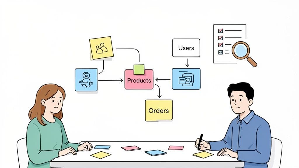 Two people collaboratively discuss a data model diagram illustrating products, users, and orders.