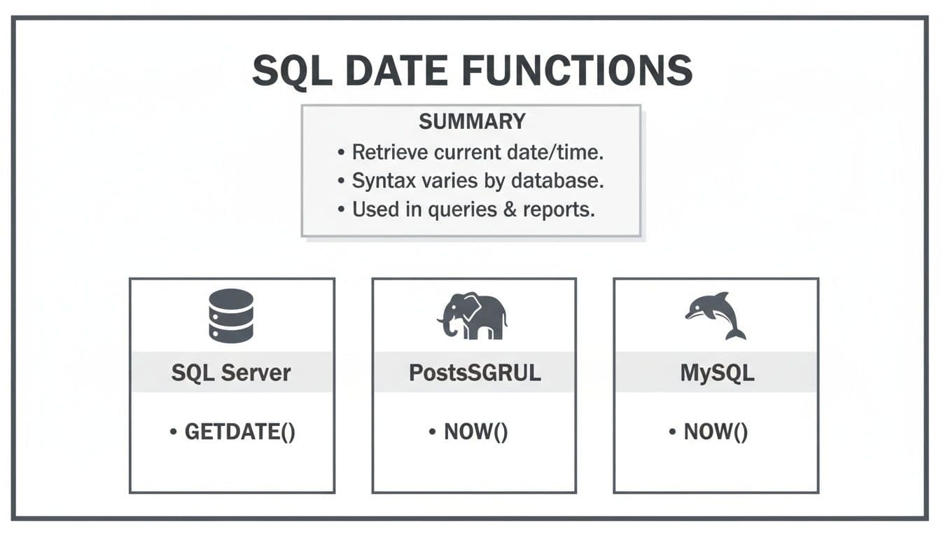 An infographic summarizing SQL date functions to retrieve current date and time across SQL Server, PostgreSQL, and MySQL.