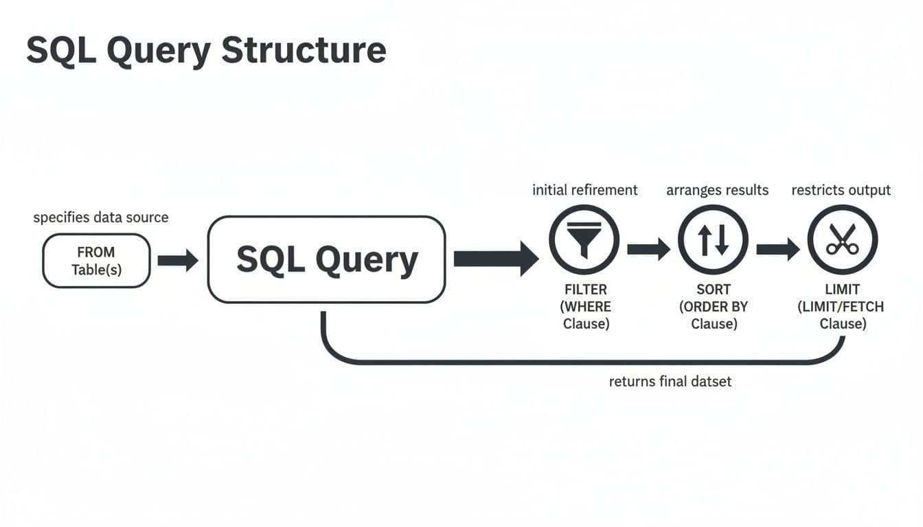 Flowchart illustrating the structure and execution order of an SQL query, detailing FROM, WHERE, ORDER BY, and LIMIT clauses.